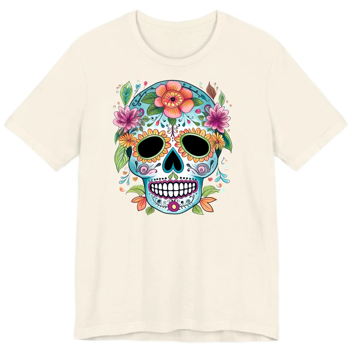 Vibrant Floral Calavera Skull Celebration Premium T-Shirt in Natural