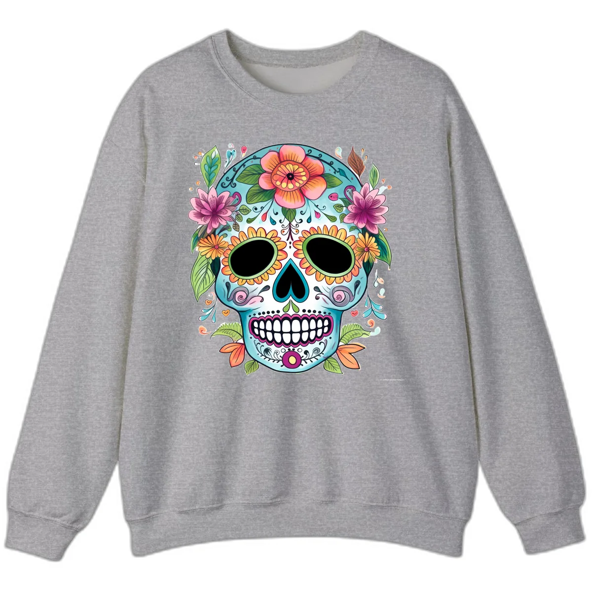Vibrant Floral Calavera Skull Celebration Sweatshirt in Sport Grey