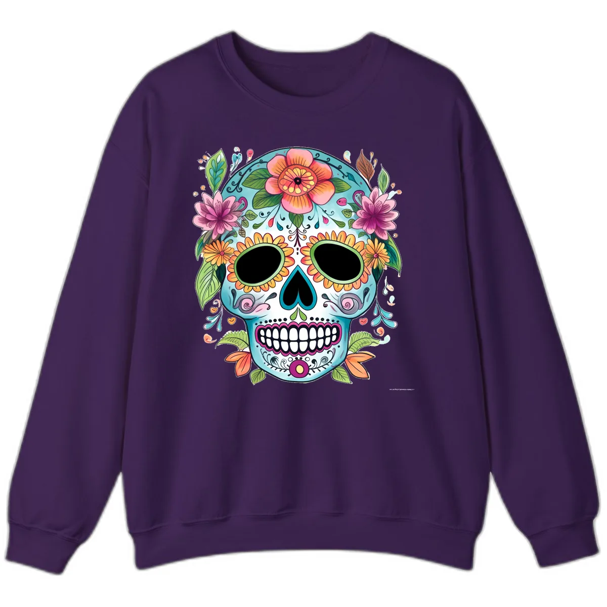 Vibrant Floral Calavera Skull Celebration Sweatshirt in Purple