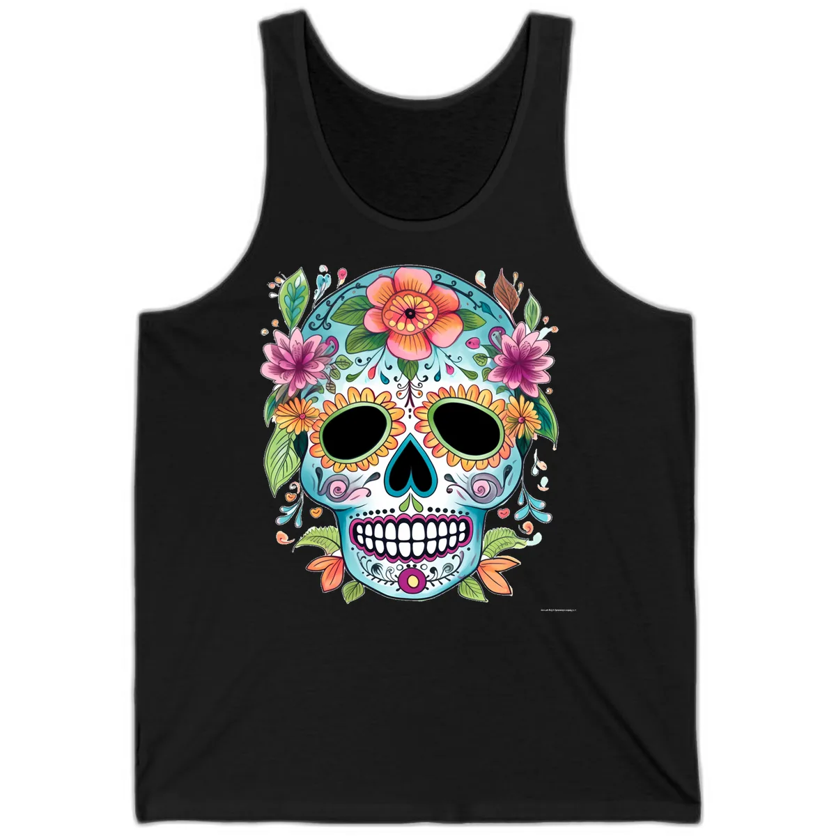 Vibrant Floral Calavera Skull Celebration Tank in Black