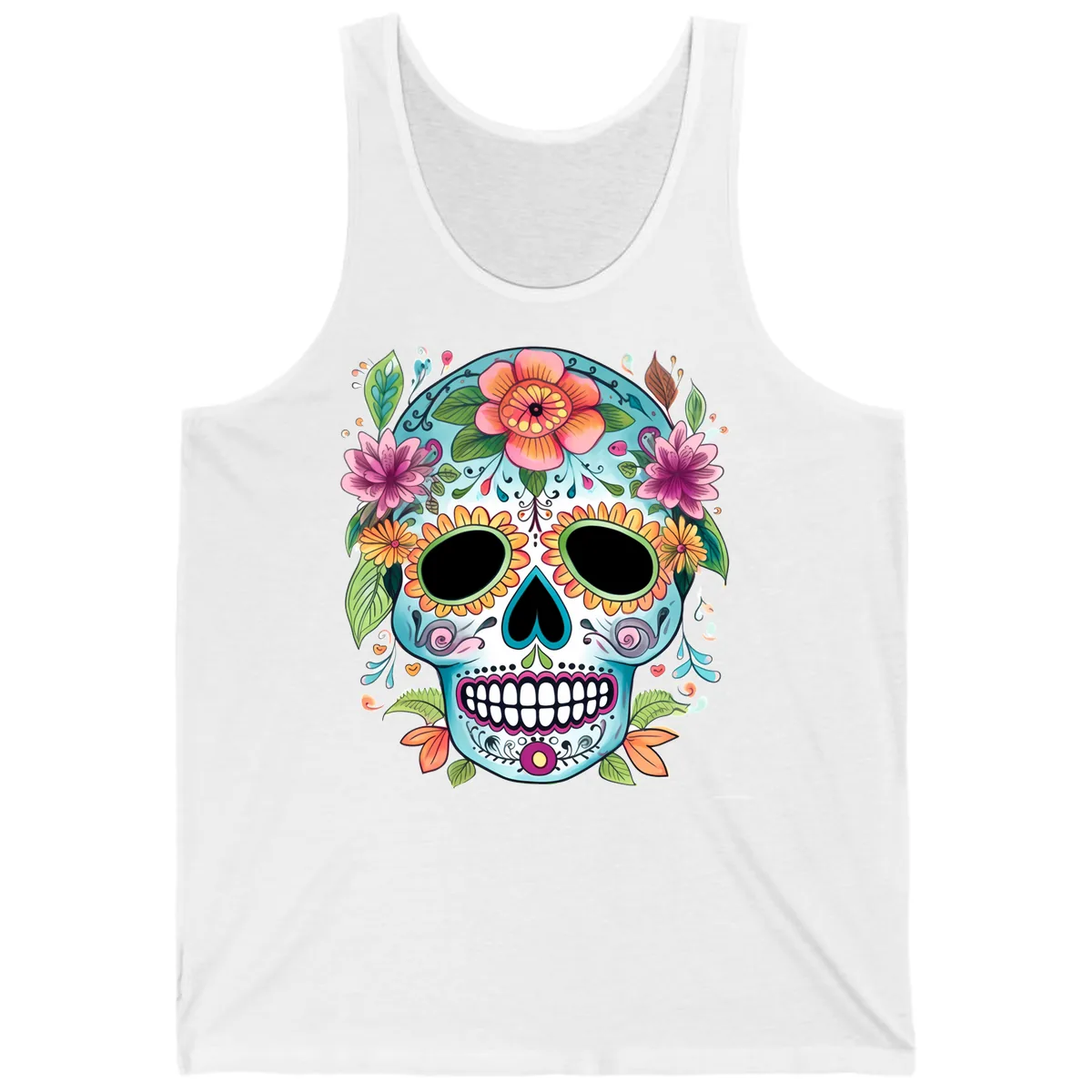 Vibrant Floral Calavera Skull Celebration Tank in White