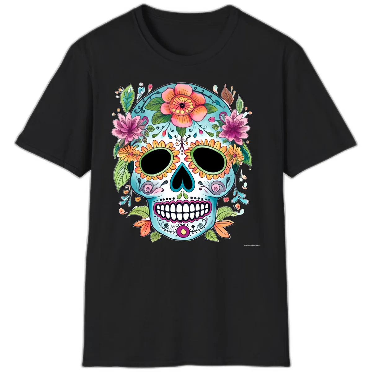 Vibrant Floral Calavera Skull Celebration T-Shirt in Black