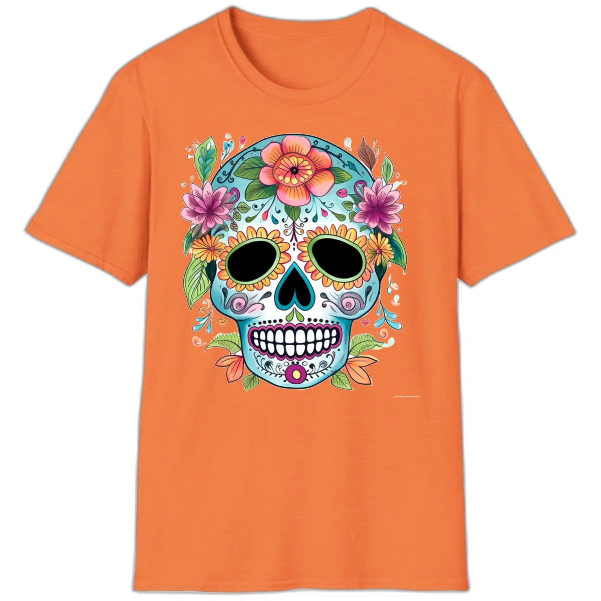 Vibrant Floral Calavera Skull Celebration T-Shirt in Heather Orange