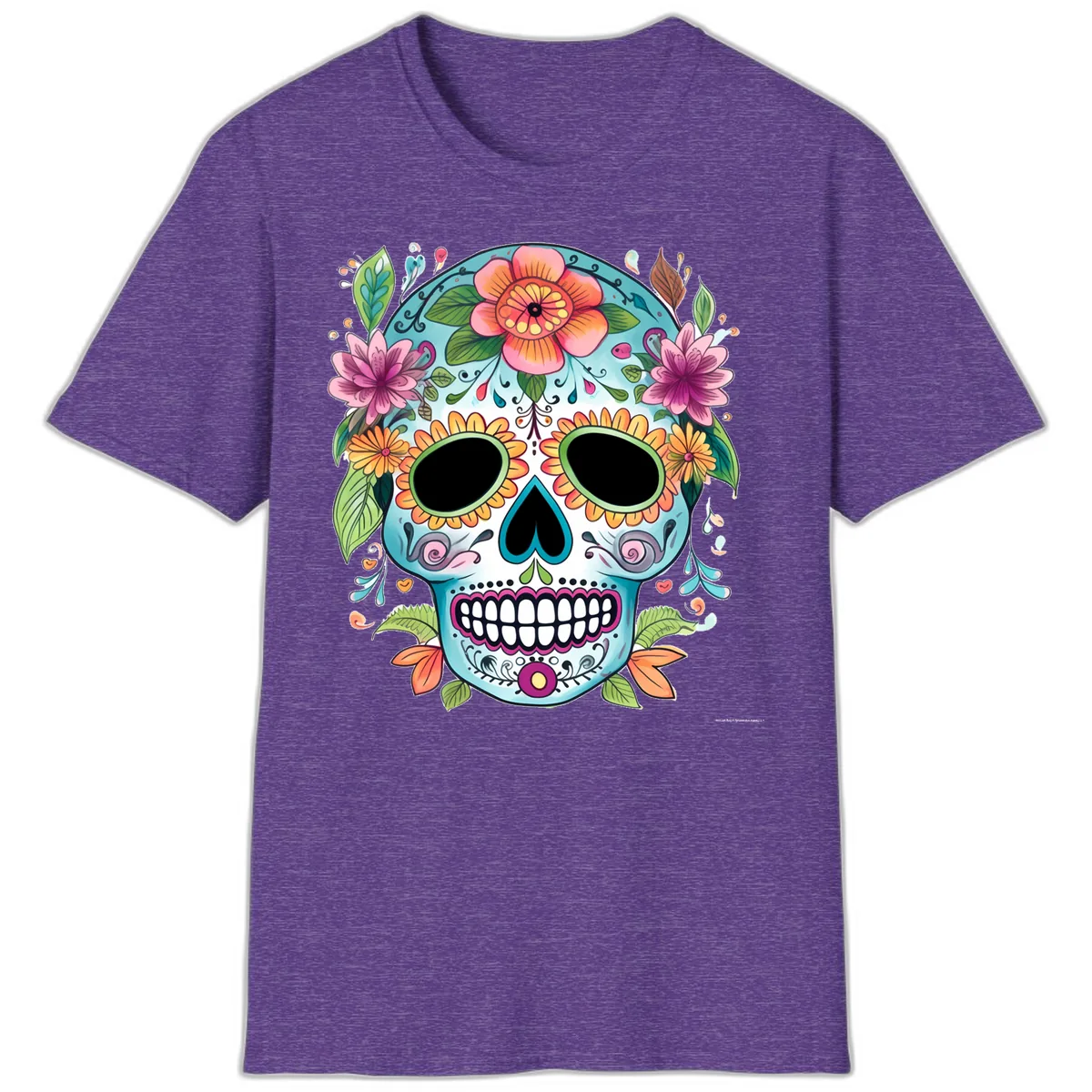 Vibrant Floral Calavera Skull Celebration T-Shirt in Heather Purple