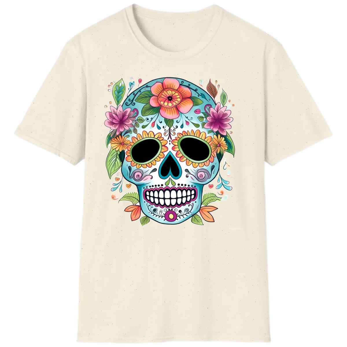 Vibrant Floral Calavera Skull Celebration T-Shirt in Natural