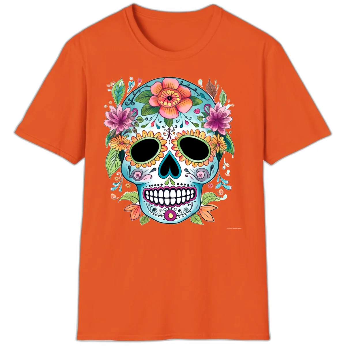 Vibrant Floral Calavera Skull Celebration T-Shirt in Orange