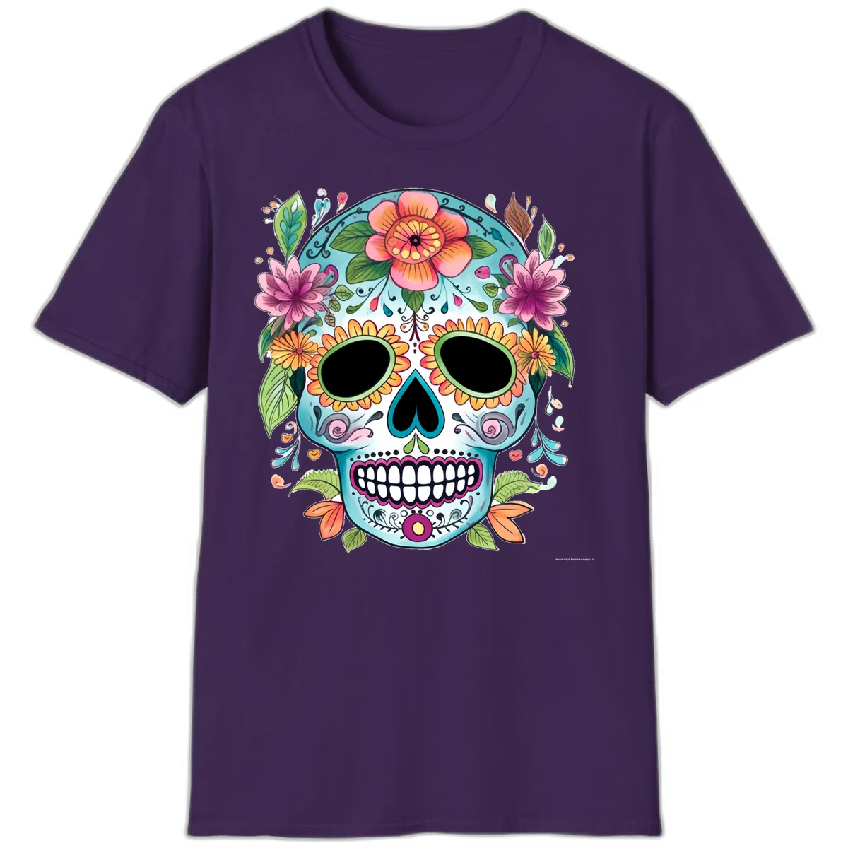 Vibrant Floral Calavera Skull Celebration T-Shirt in Purple