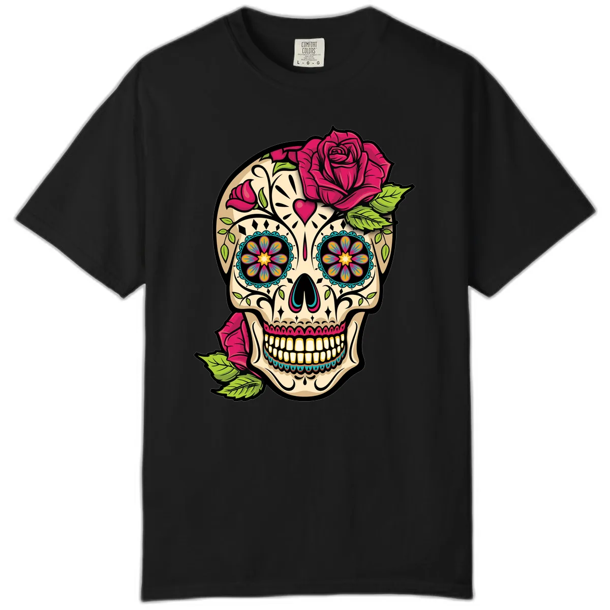 Ornate Sugar Skull Adorned with Roses Comfort Color in Black
