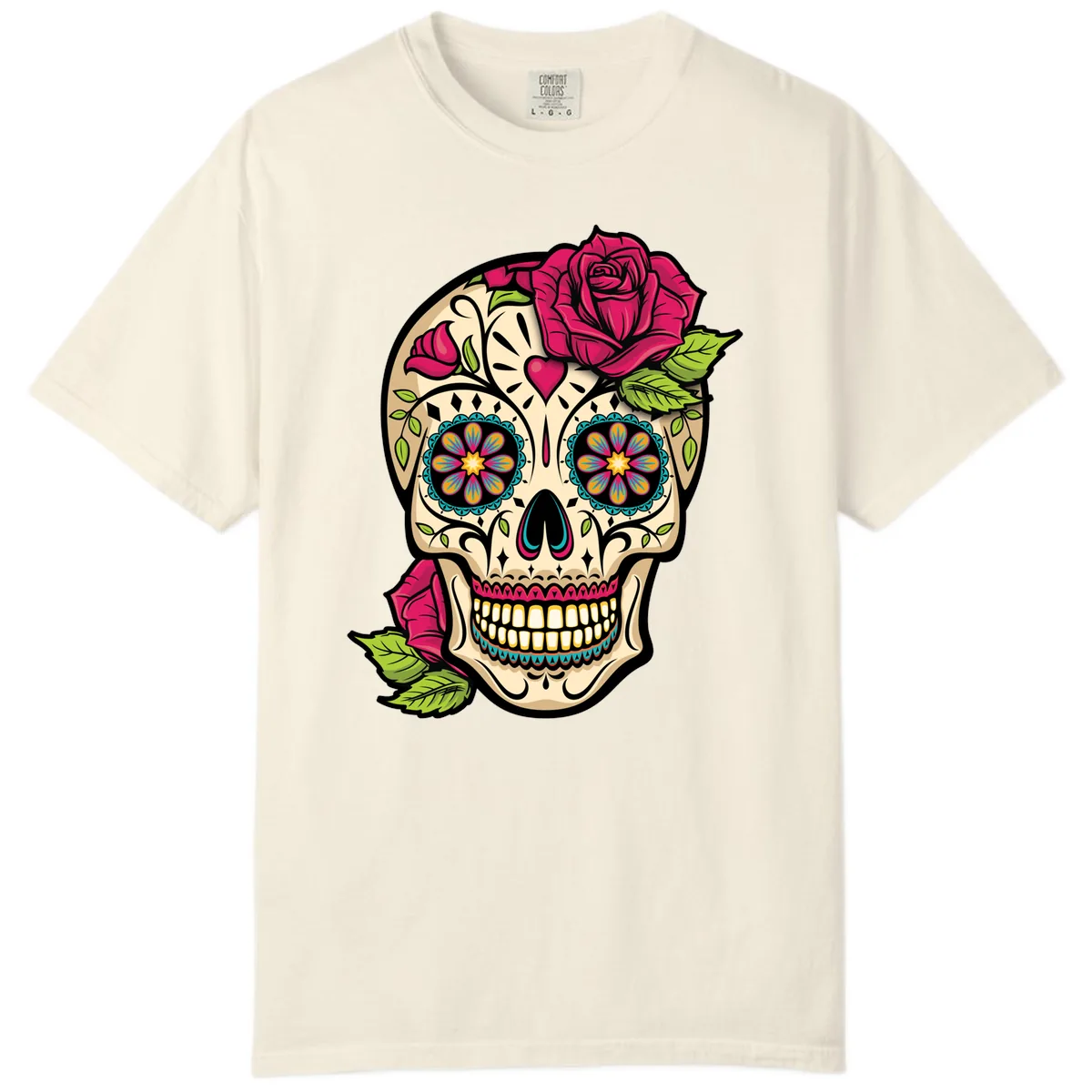 Ornate Sugar Skull Adorned with Roses Comfort Color in Ivory