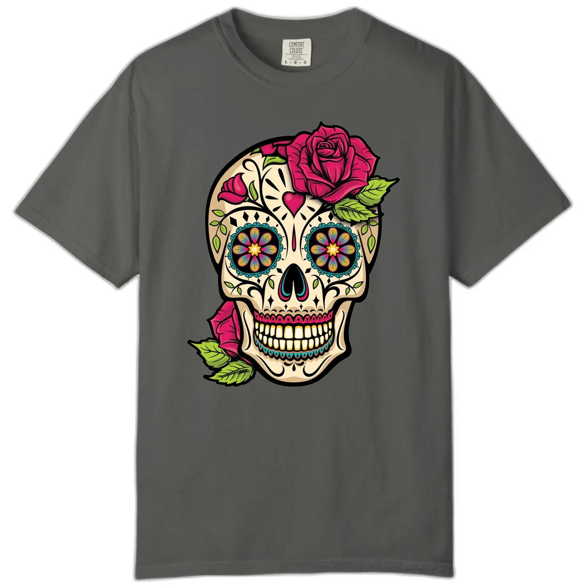 Ornate Sugar Skull Adorned with Roses Comfort Color in Pepper