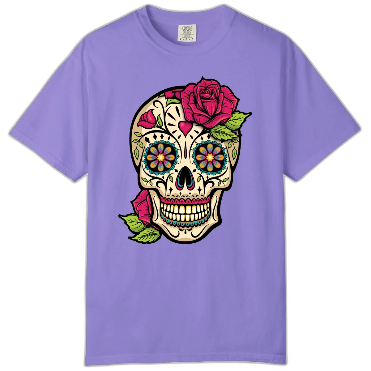 Ornate Sugar Skull Adorned with Roses Comfort Color in Violet