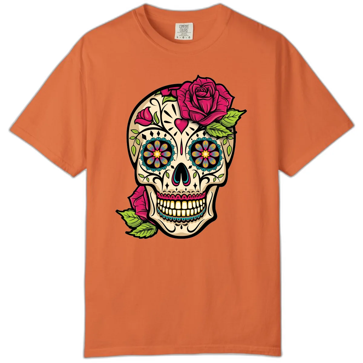 Ornate Sugar Skull Adorned with Roses Comfort Color in Burnt Orange