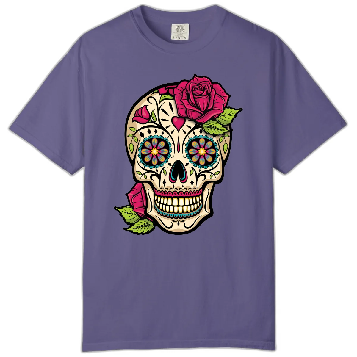Ornate Sugar Skull Adorned with Roses Comfort Color in Grape