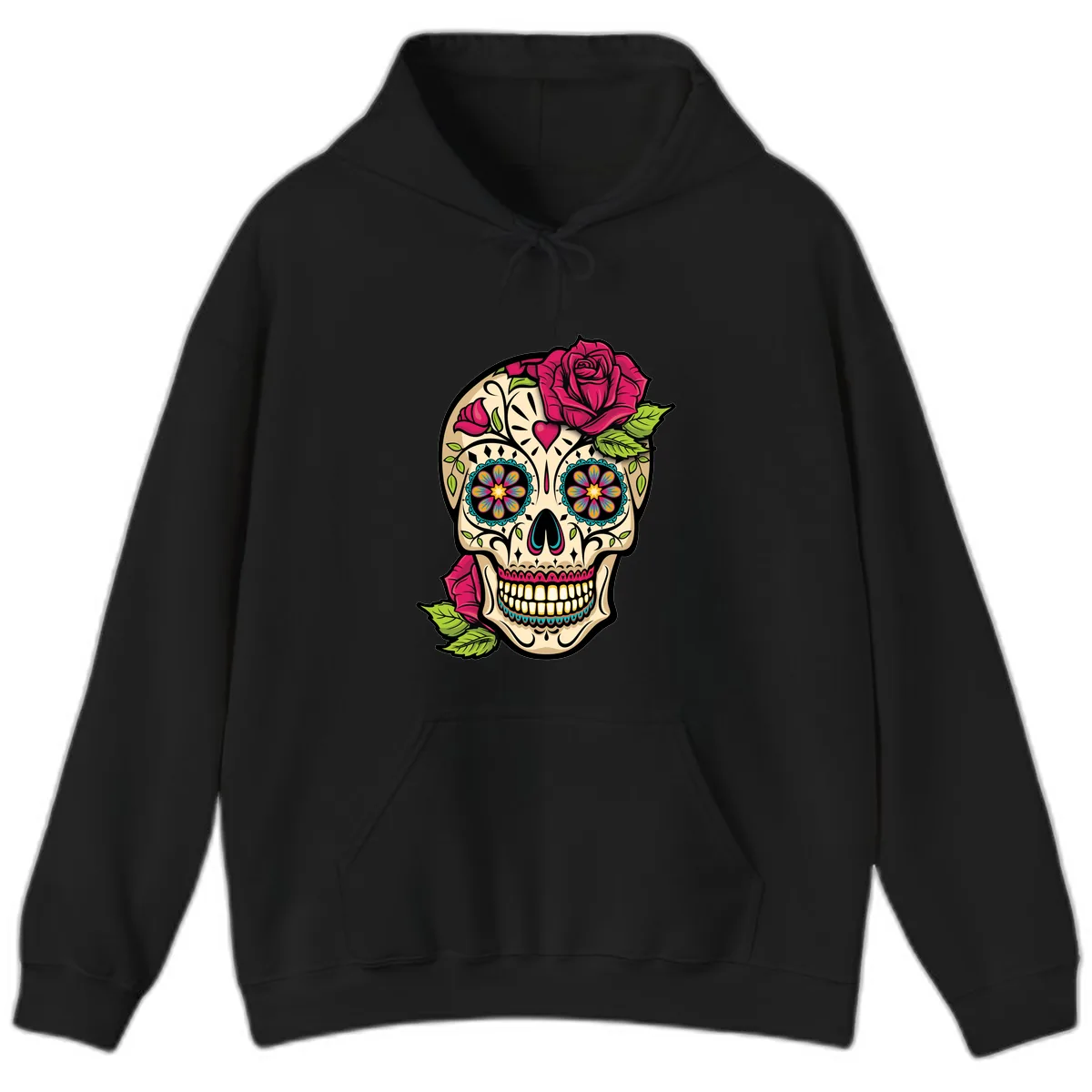 Ornate Sugar Skull Adorned with Roses Hoodie in Black