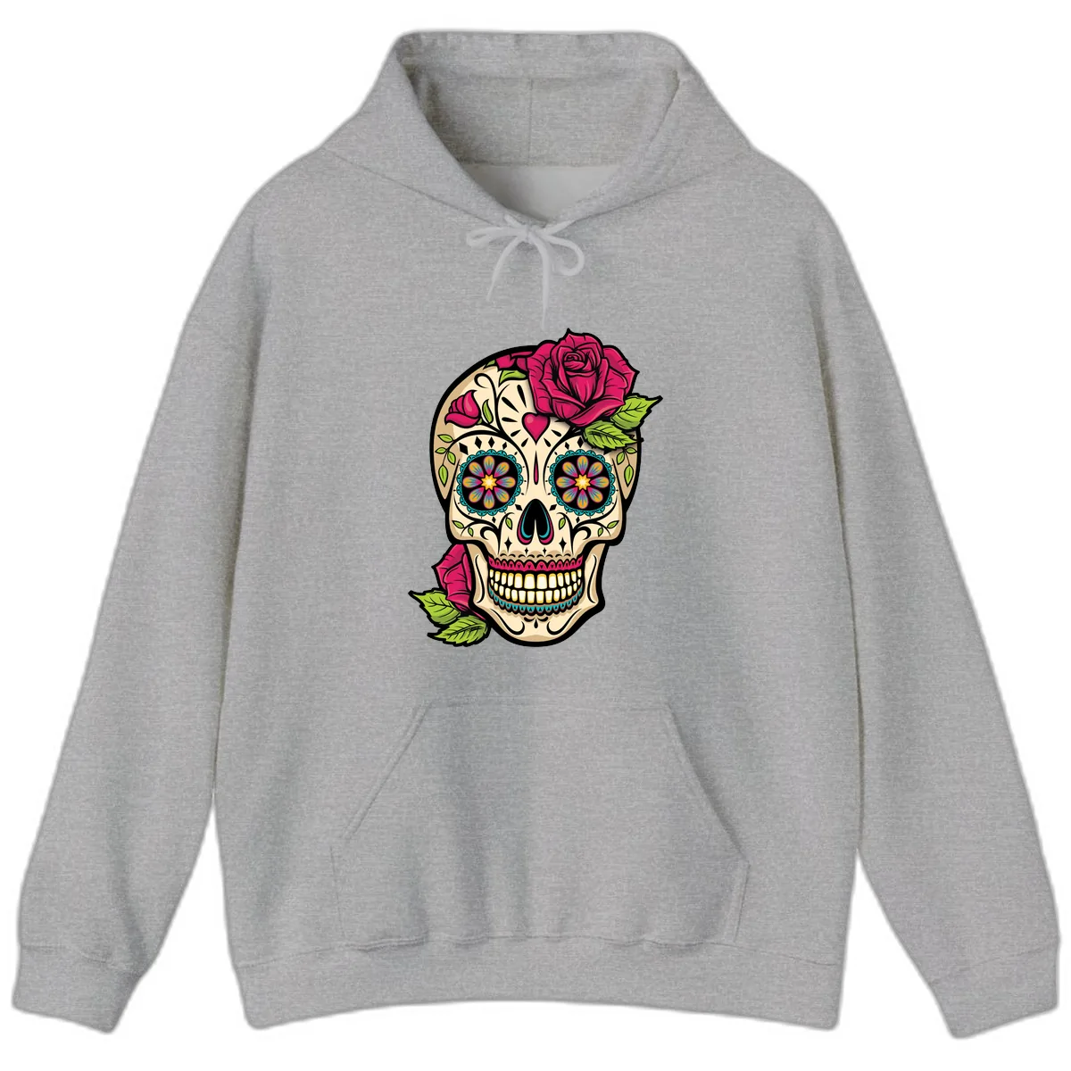 Ornate Sugar Skull Adorned with Roses Hoodie in Sport Grey