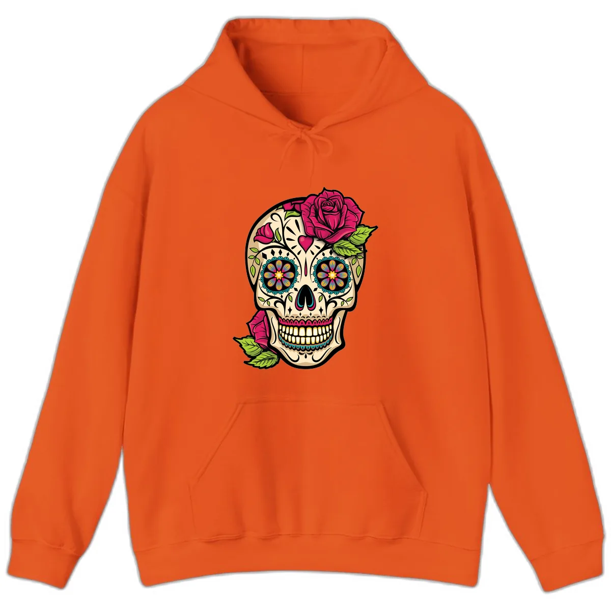 Ornate Sugar Skull Adorned with Roses Hoodie in Orange