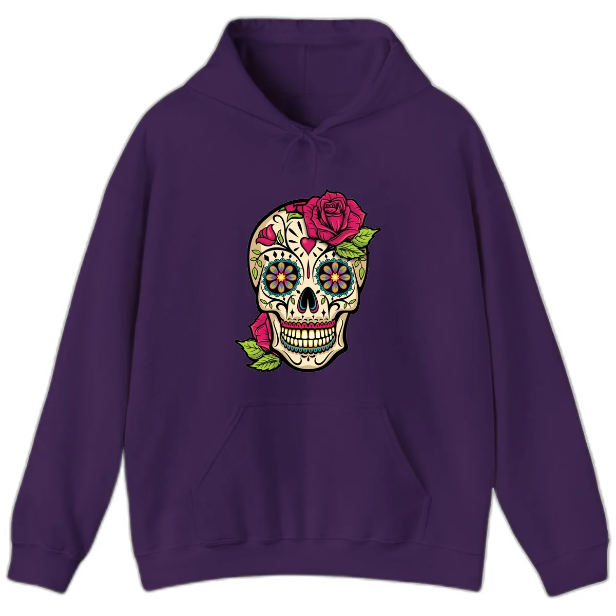 Ornate Sugar Skull Adorned with Roses Hoodie in Purple