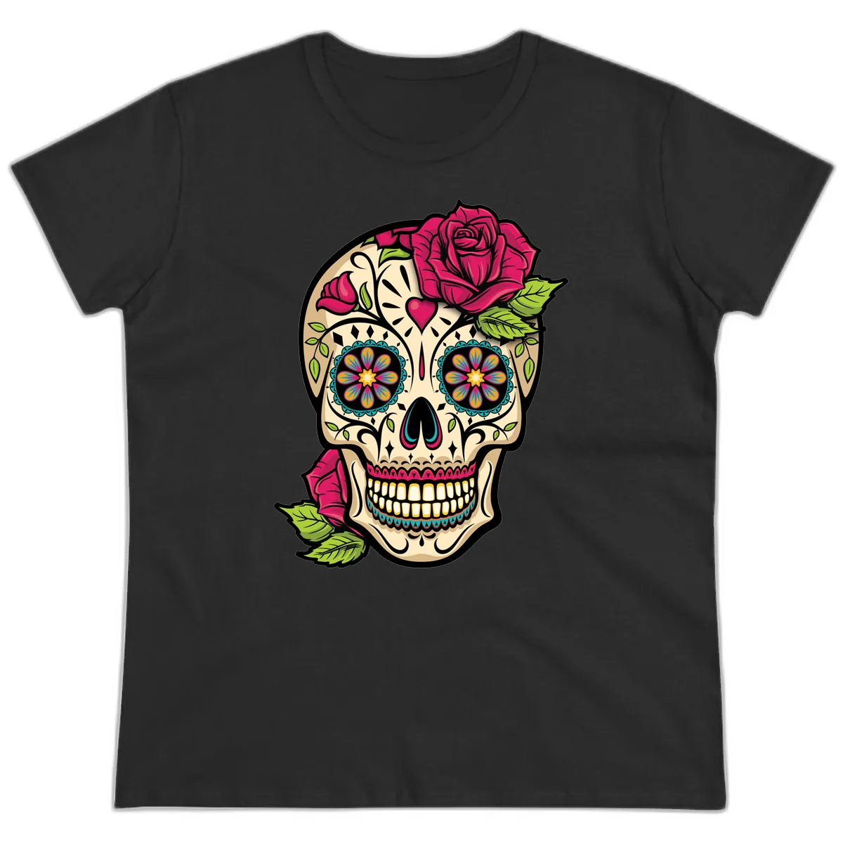 Ornate Sugar Skull Adorned with Roses Ladies Tee in Black
