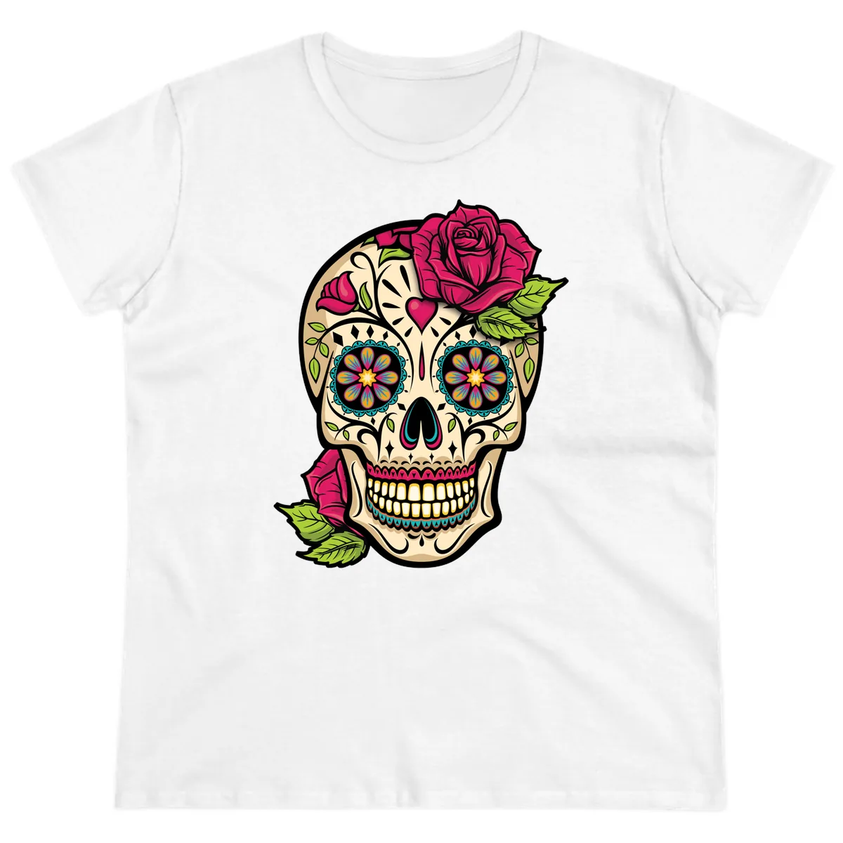 Ornate Sugar Skull Adorned with Roses Ladies Tee in White