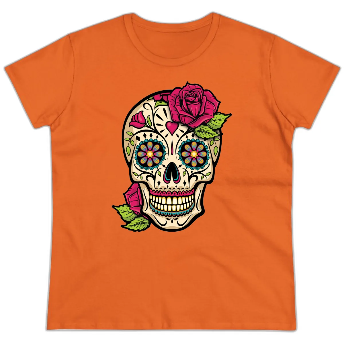 Ornate Sugar Skull Adorned with Roses Ladies Tee in Orange
