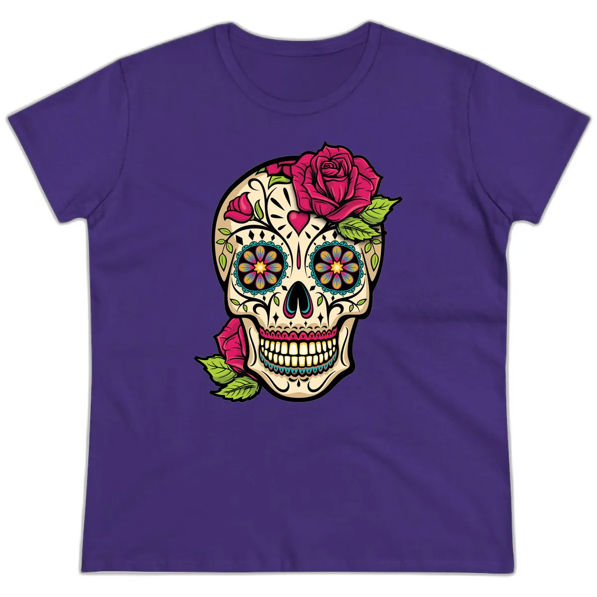 Ornate Sugar Skull Adorned with Roses Ladies Tee in Purple