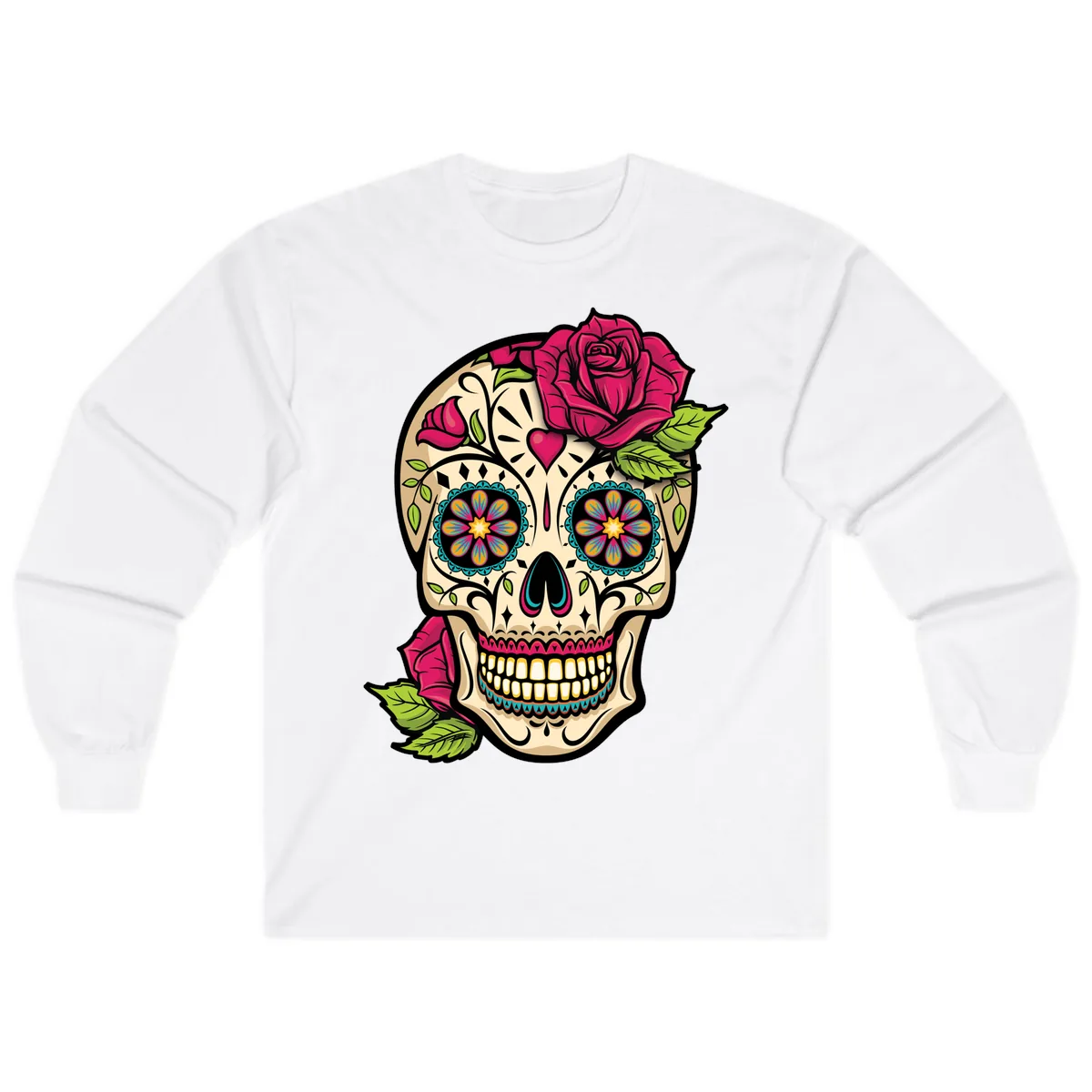 Ornate Sugar Skull Adorned with Roses Long Sleeve in White