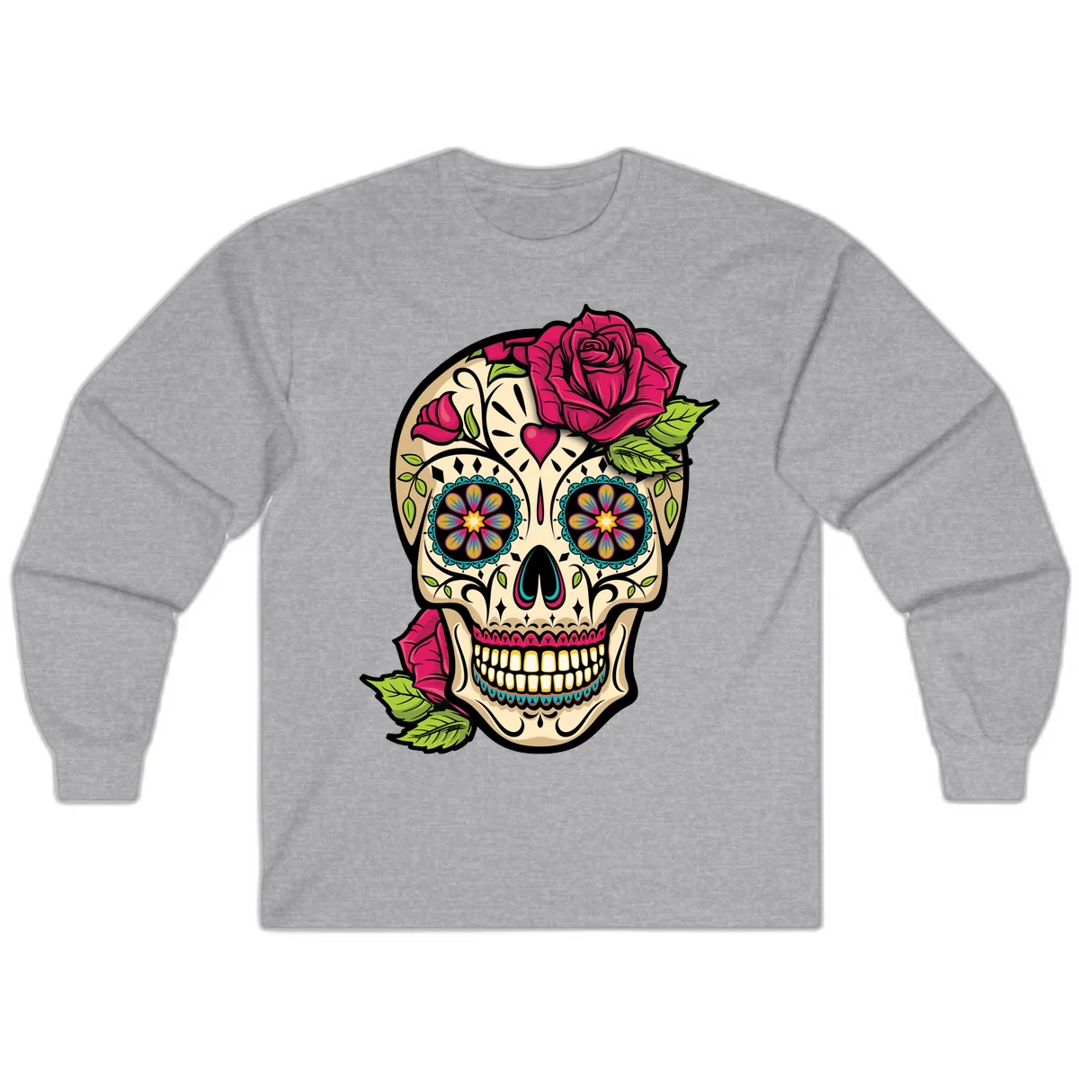 Ornate Sugar Skull Adorned with Roses Long Sleeve in Sport Grey