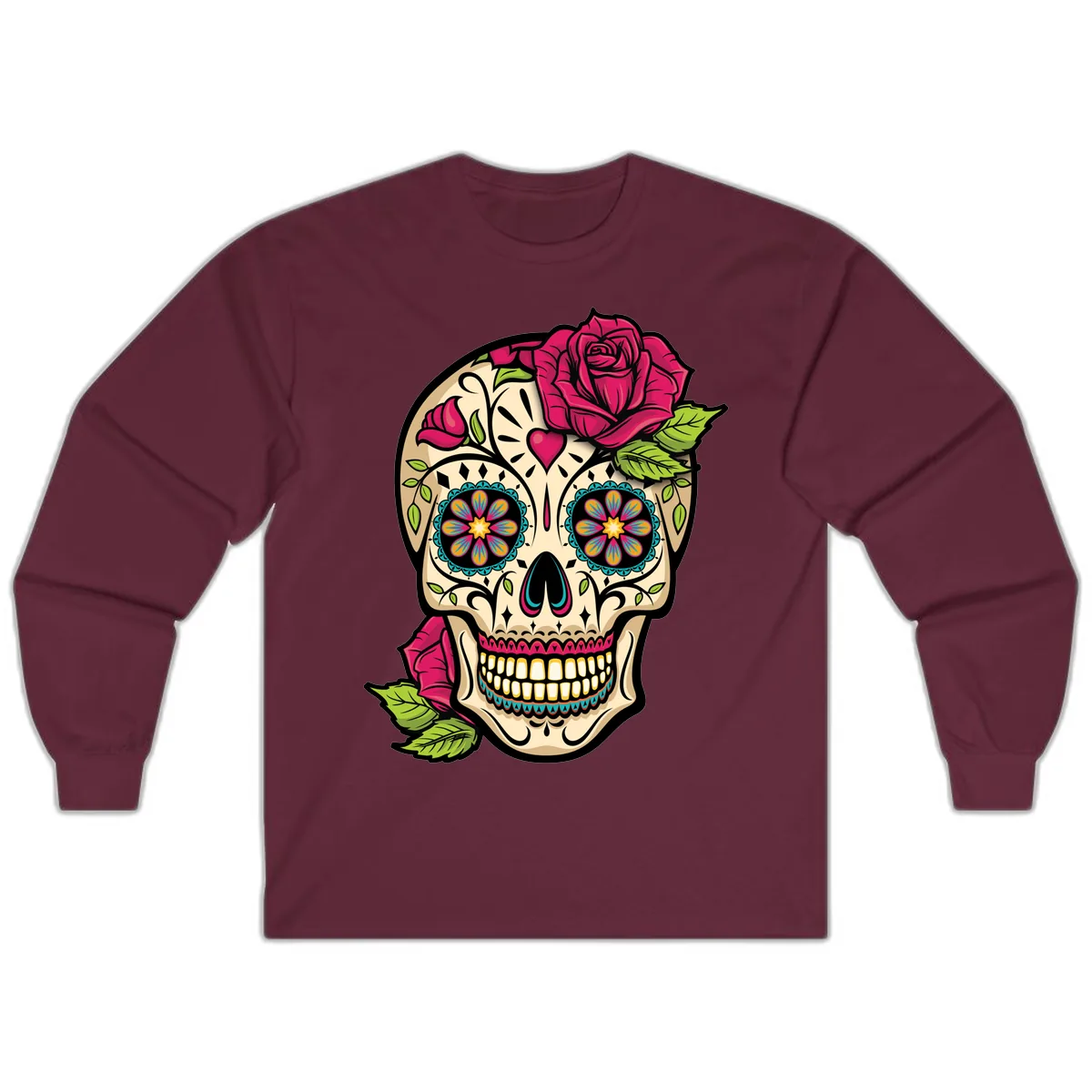 Ornate Sugar Skull Adorned with Roses Long Sleeve in Maroon