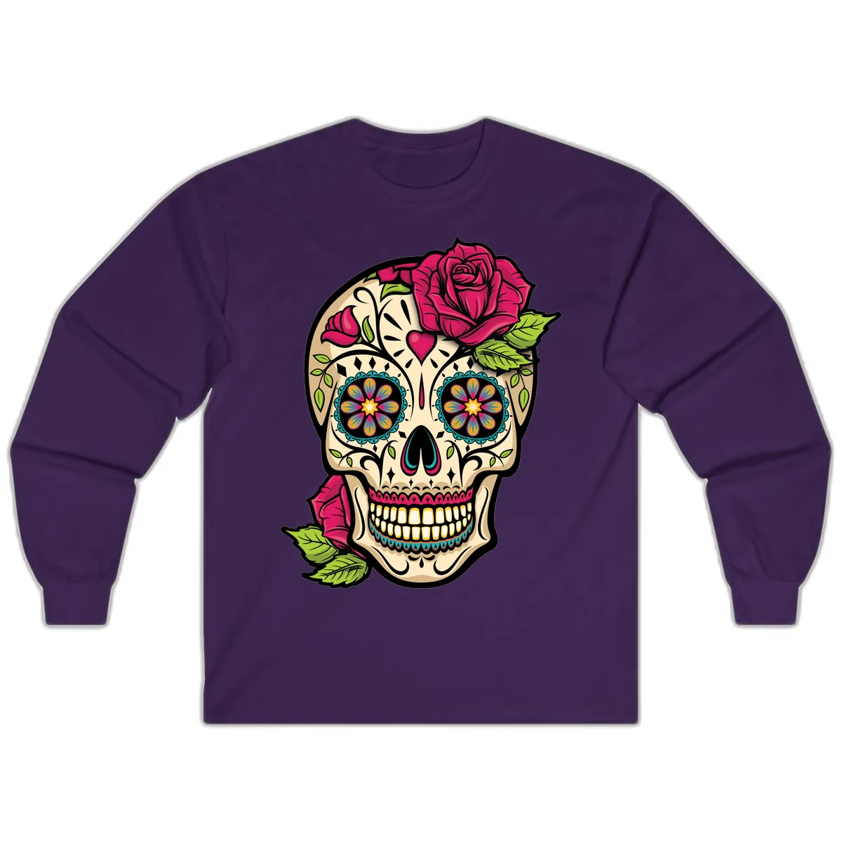 Ornate Sugar Skull Adorned with Roses Long Sleeve in Purple