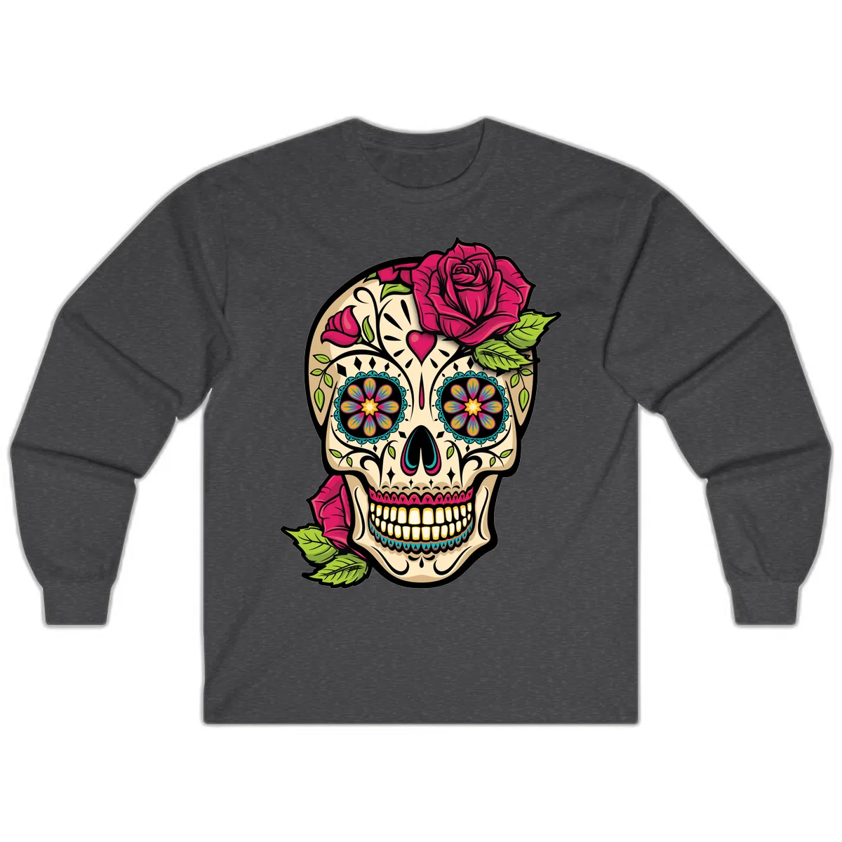 Ornate Sugar Skull Adorned with Roses Long Sleeve in Dark Heather
