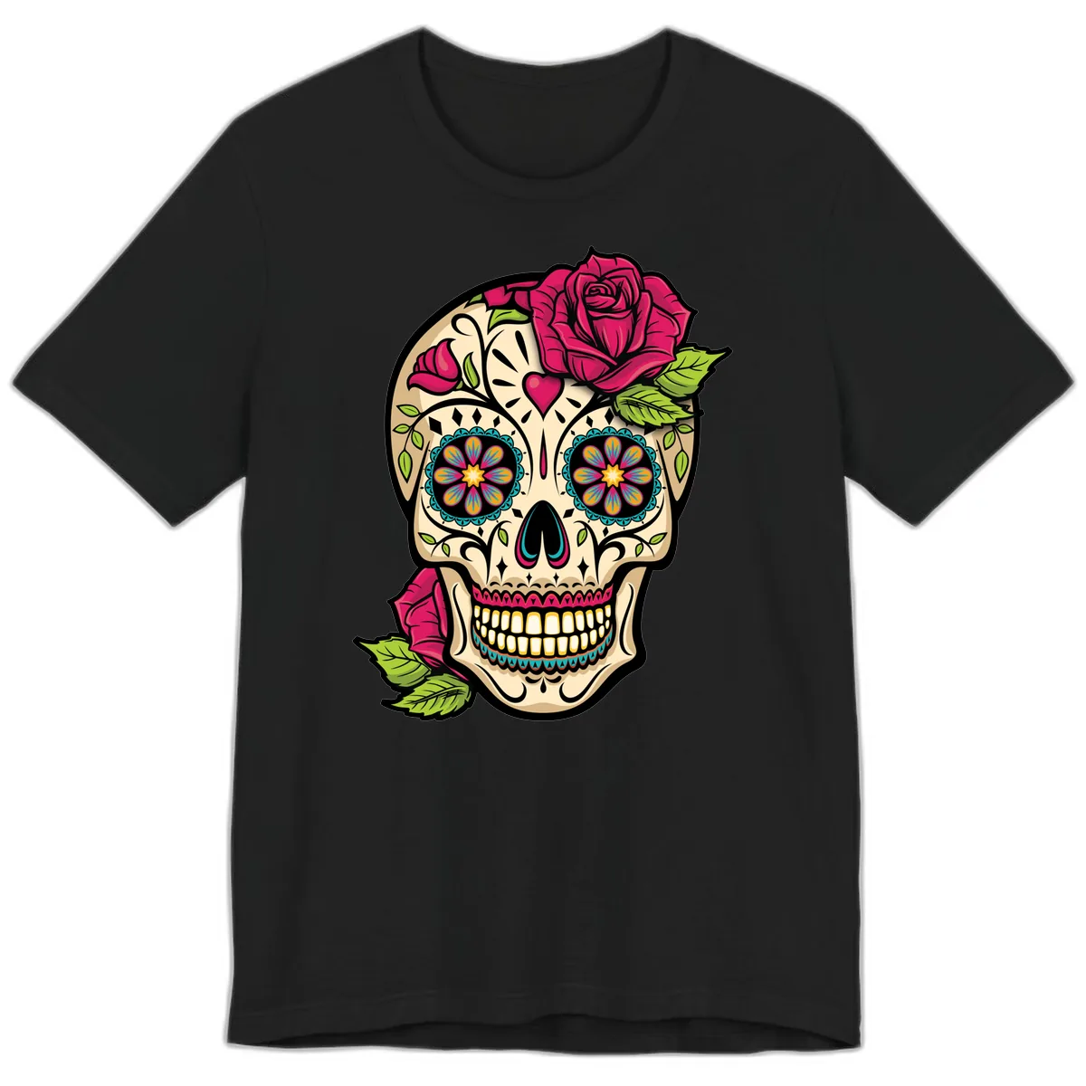 Ornate Sugar Skull Adorned with Roses Premium T-Shirt in Black