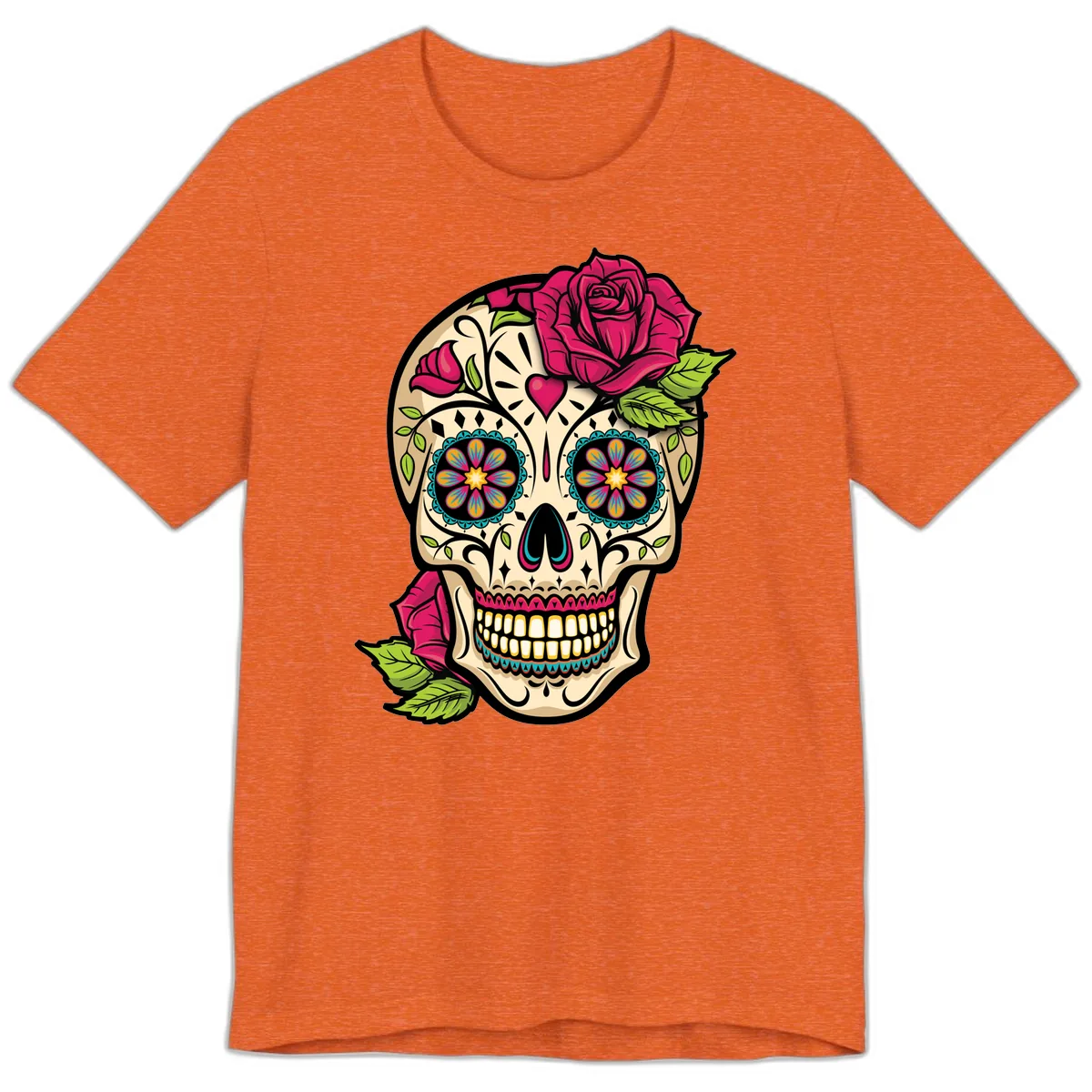 Ornate Sugar Skull Adorned with Roses Premium T-Shirt in Heather Orange