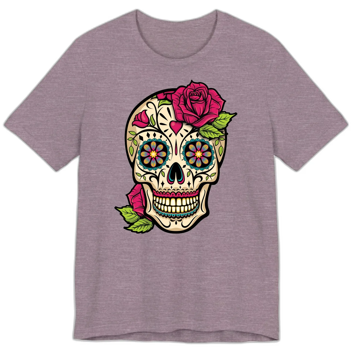 Ornate Sugar Skull Adorned with Roses Premium T-Shirt in Heather Purple