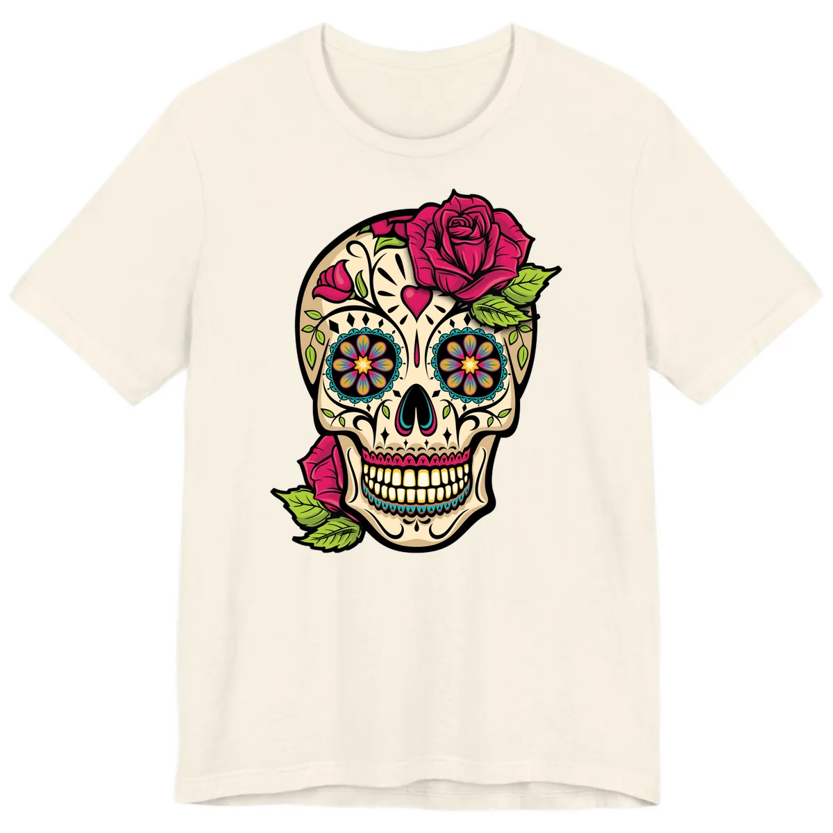 Ornate Sugar Skull Adorned with Roses Premium T-Shirt in Natural