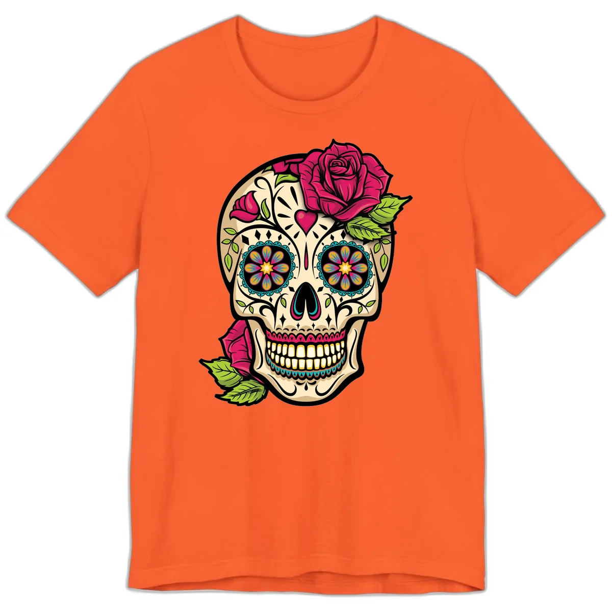 Ornate Sugar Skull Adorned with Roses Premium T-Shirt in Orange
