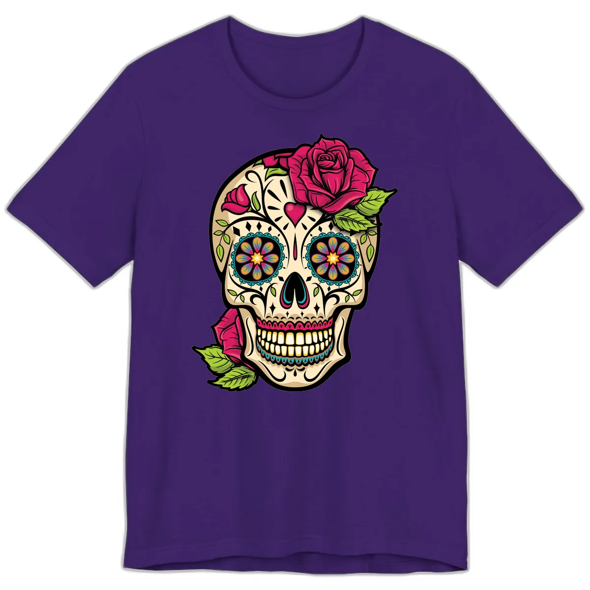 Ornate Sugar Skull Adorned with Roses Premium T-Shirt in Team Purple