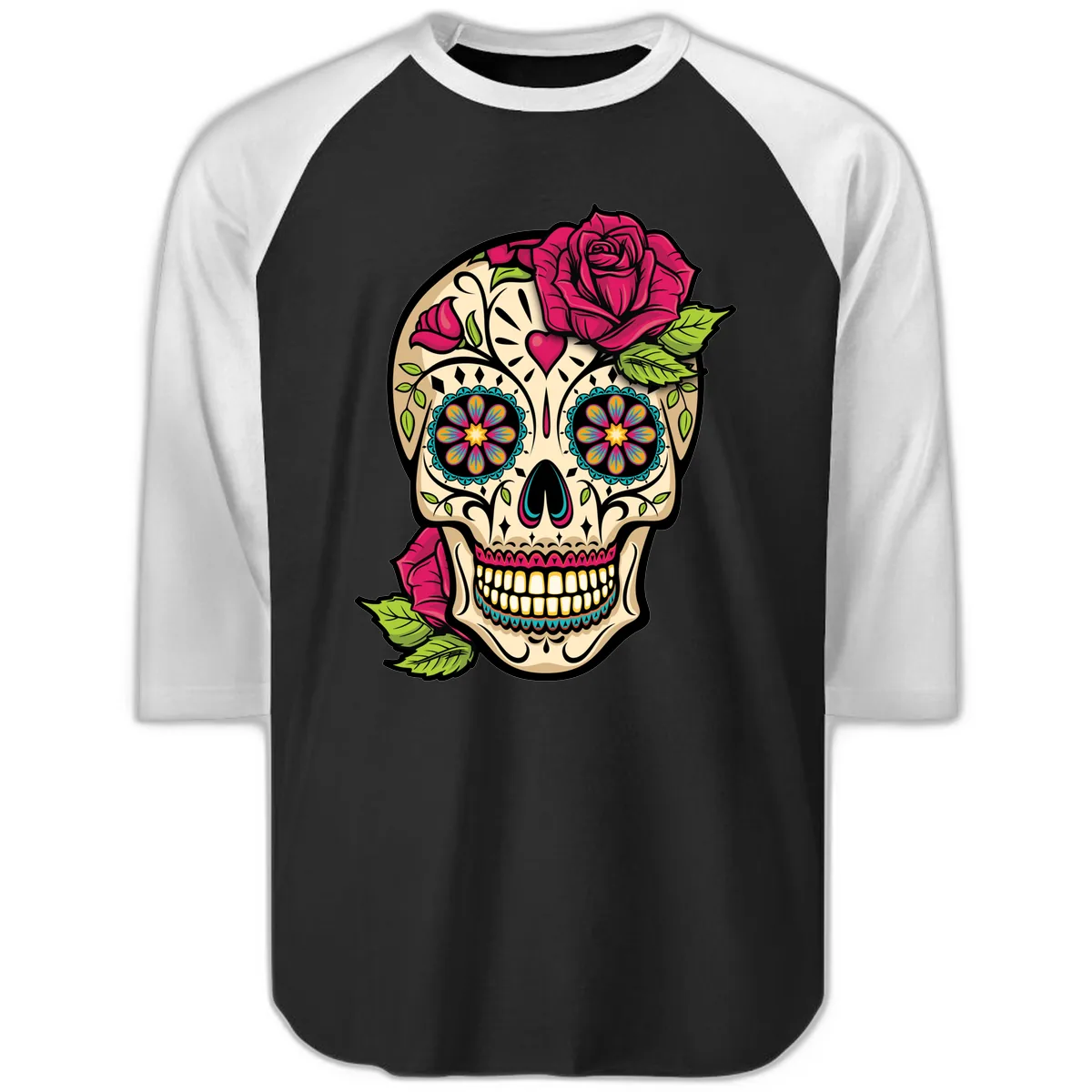 Ornate Sugar Skull Adorned with Roses Raglan 3/4 in Black White