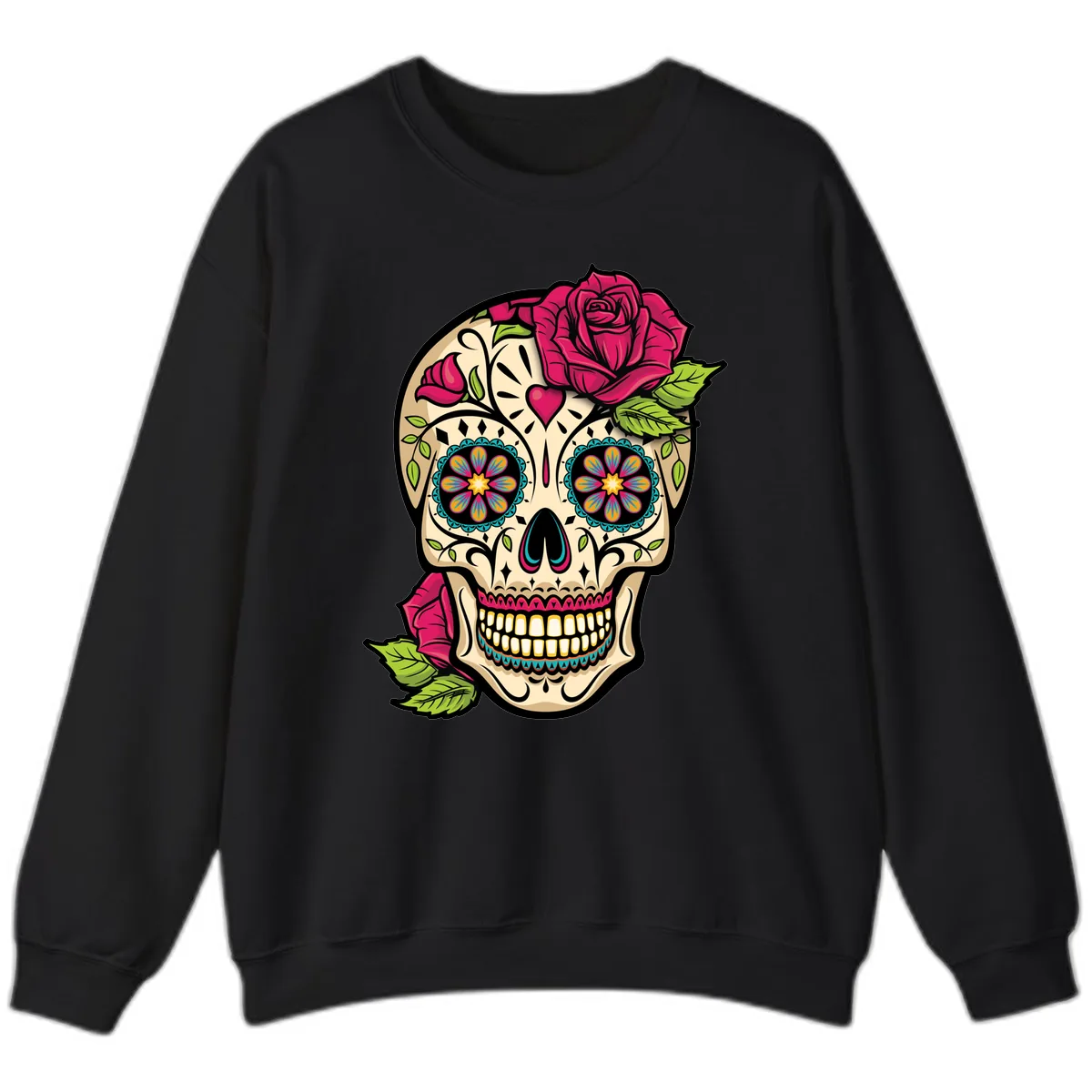 Ornate Sugar Skull Adorned with Roses Sweatshirt in Black