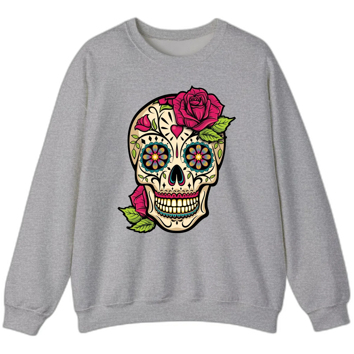 Ornate Sugar Skull Adorned with Roses Sweatshirt in Sport Grey