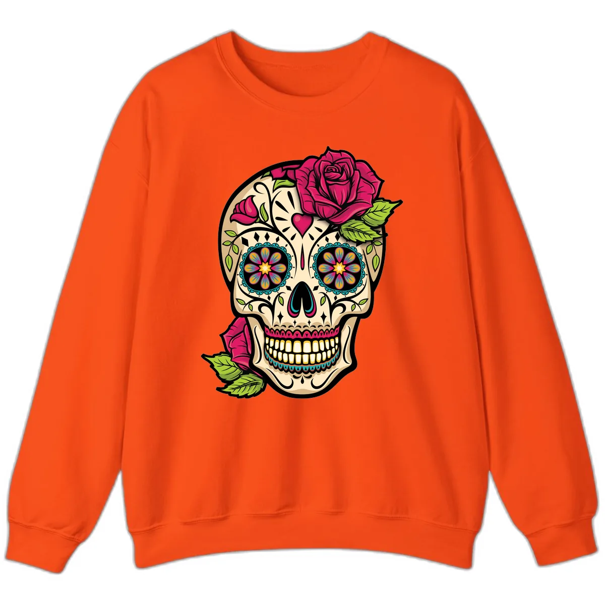 Ornate Sugar Skull Adorned with Roses Sweatshirt in Orange
