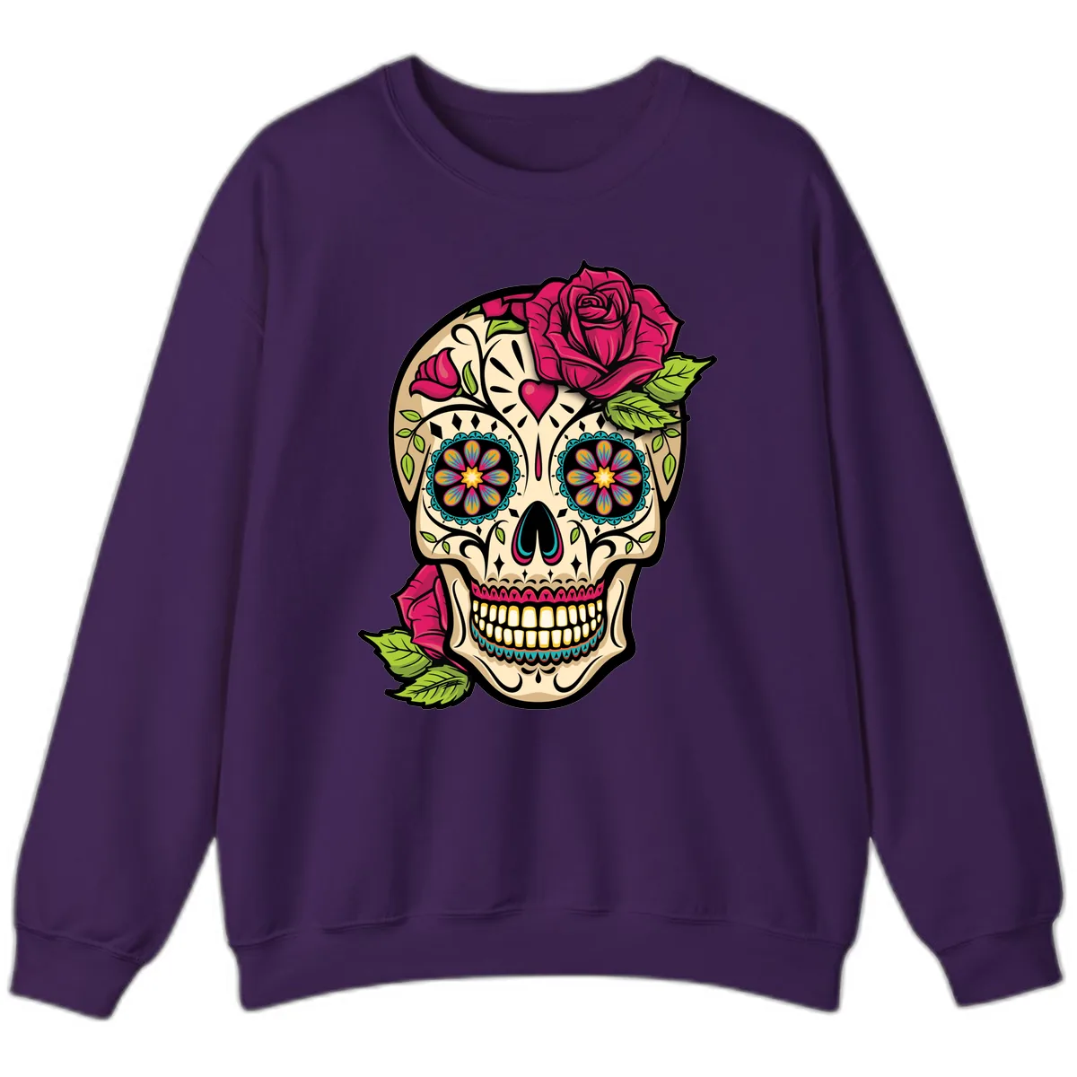 Ornate Sugar Skull Adorned with Roses Sweatshirt in Purple