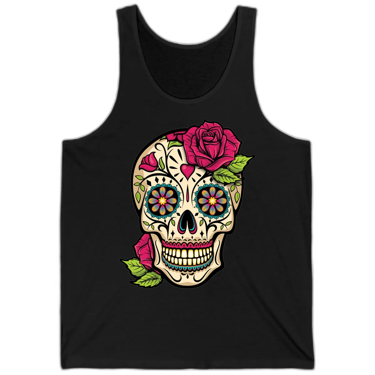 Ornate Sugar Skull Adorned with Roses Tank in Black