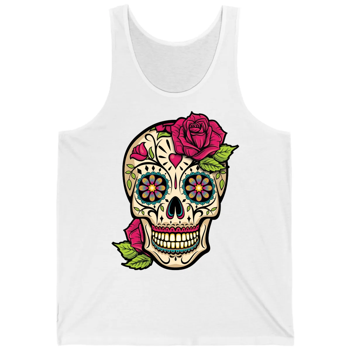 Ornate Sugar Skull Adorned with Roses Tank in White