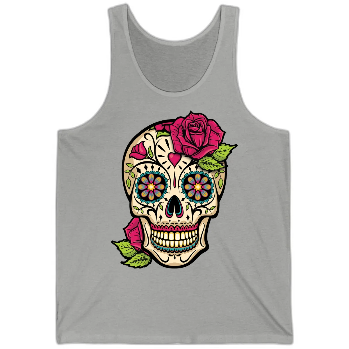 Ornate Sugar Skull Adorned with Roses Tank in Athletic Heather