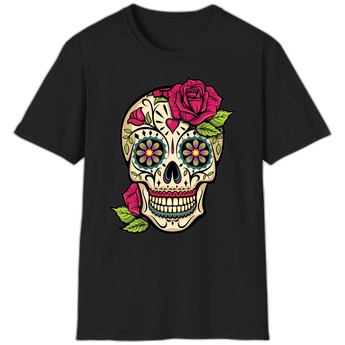 Ornate Sugar Skull Adorned with Roses T-Shirt in Black