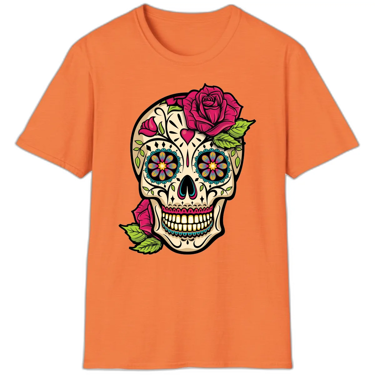 Ornate Sugar Skull Adorned with Roses T-Shirt in Heather Orange