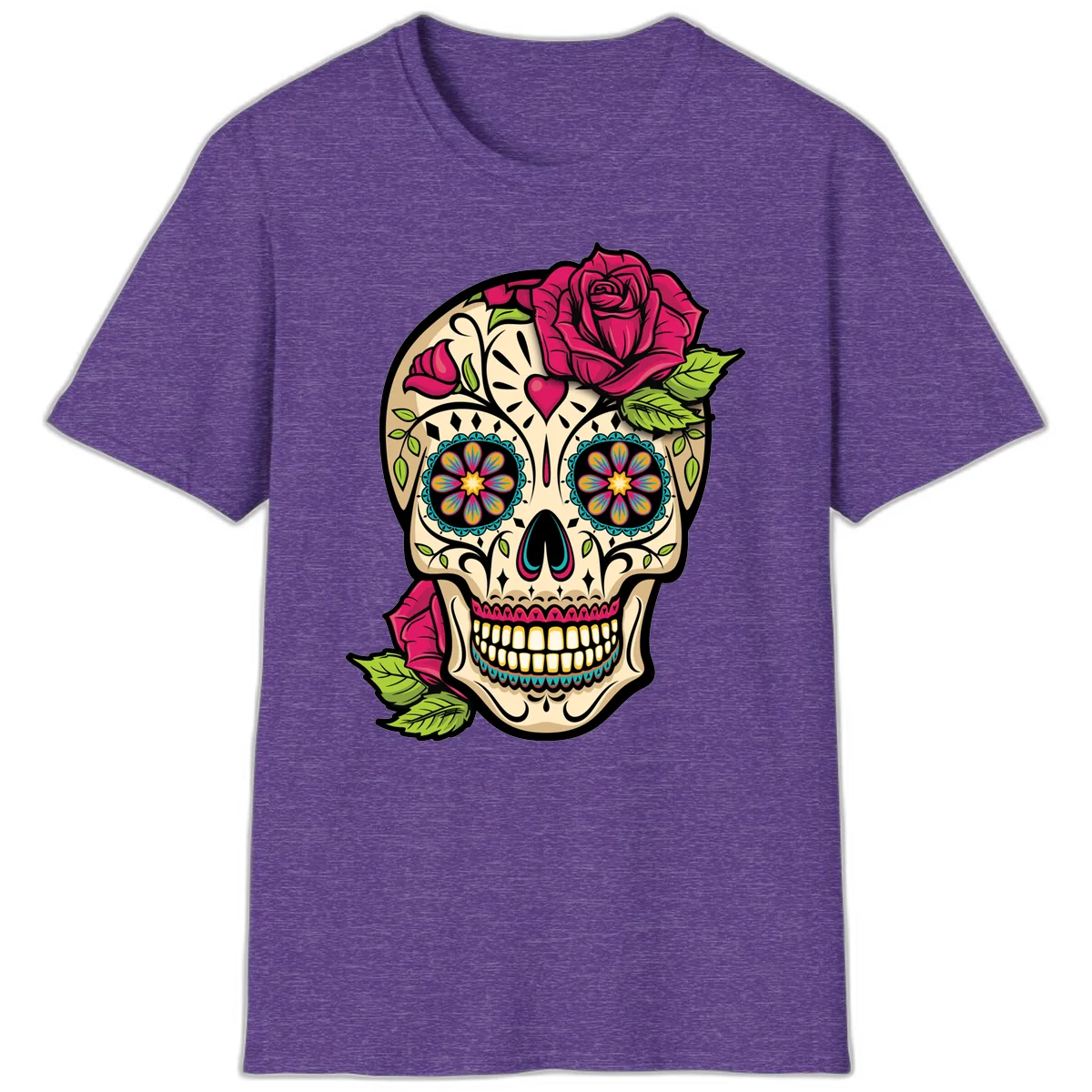 Ornate Sugar Skull Adorned with Roses T-Shirt in Heather Purple