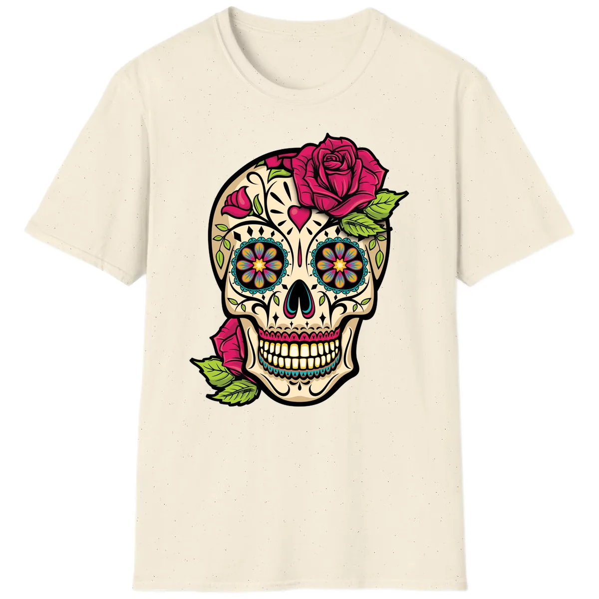 Ornate Sugar Skull Adorned with Roses T-Shirt in Natural