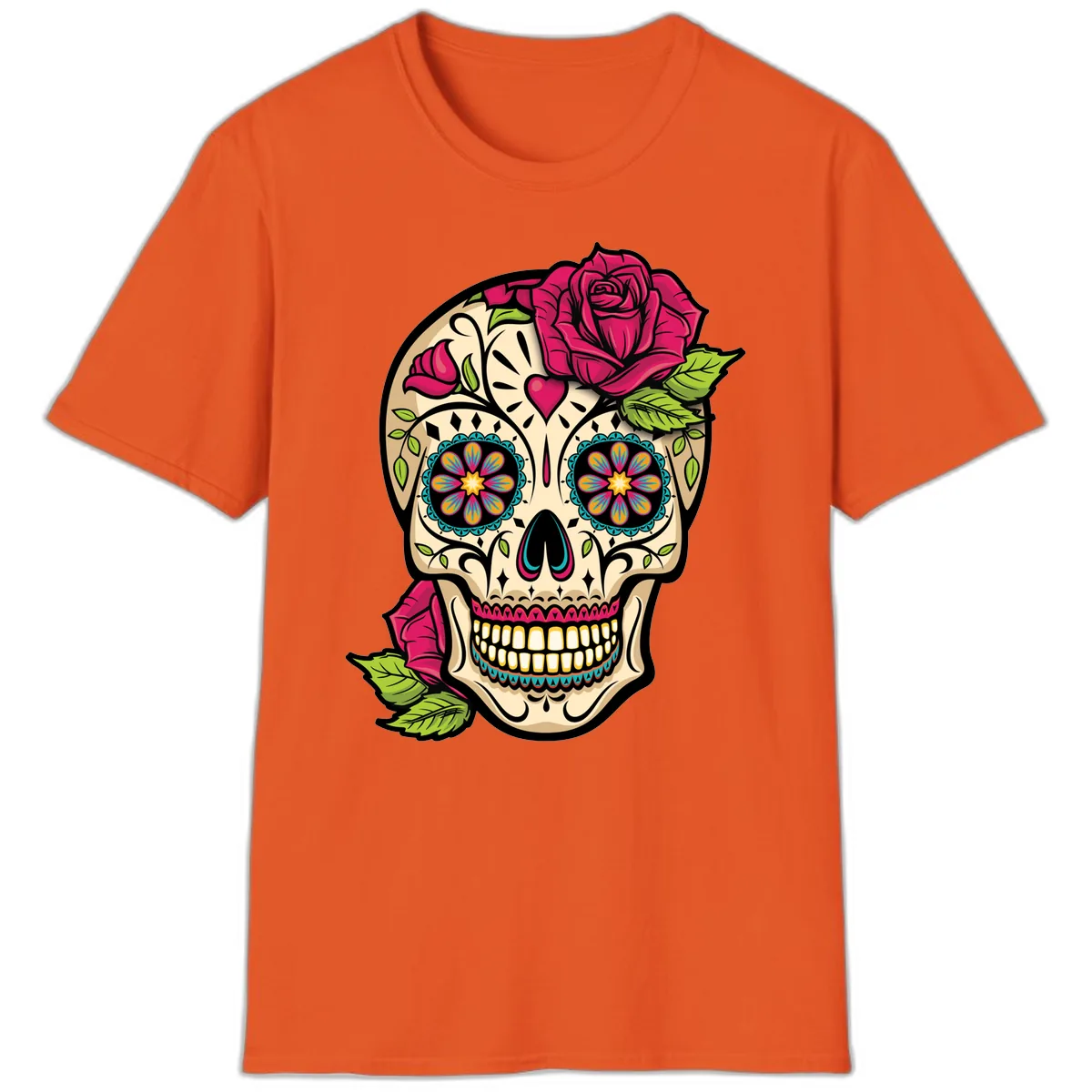 Ornate Sugar Skull Adorned with Roses T-Shirt in Orange