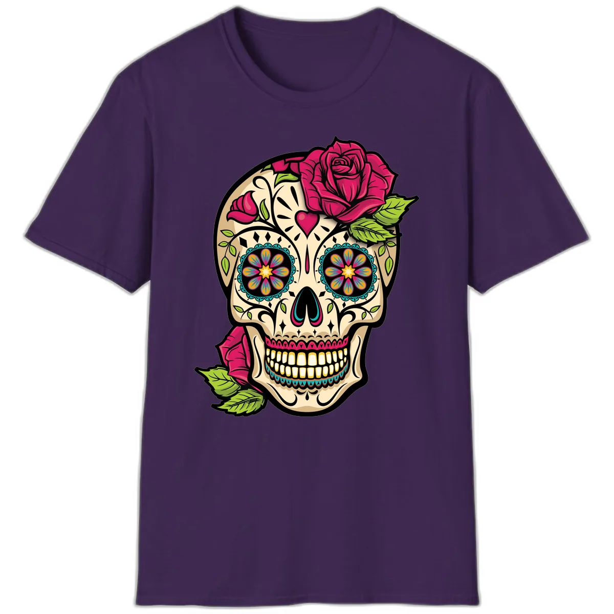 Ornate Sugar Skull Adorned with Roses T-Shirt in Purple